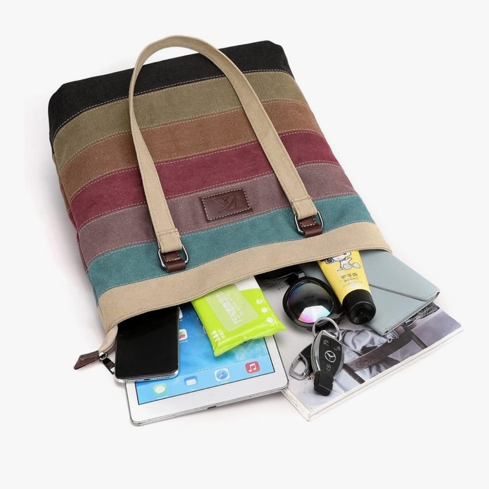 🆕 Canvas Handbag Multi-Color Striped Lattice Cross Body Shoulder Purse Bag Tote - Picture 5 of 7
